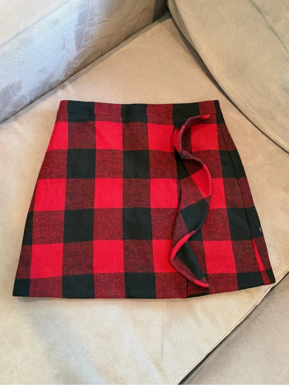 J. Crew Red and Black Plaid Ruffle Wool Mini Skirt